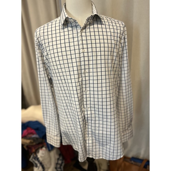 Blue & Cream Other - Mizzen And Main Men's Shirt Large Trim Blue And‎ White Window Pane Pattern
